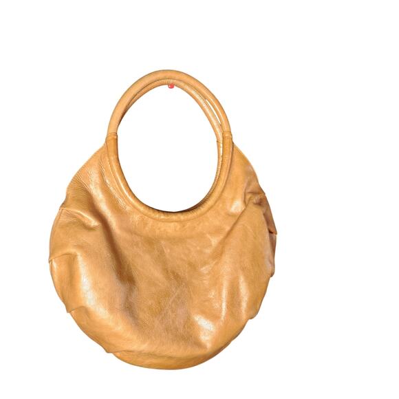 Rare HTF Zina Eva Pleated Camel Tan Leather Circle Shoulder Bag Purse EUC Boho - Picture 3 of 12
